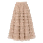 Layered Tulle Skirt with Elastic Waist for Party Khaki 7