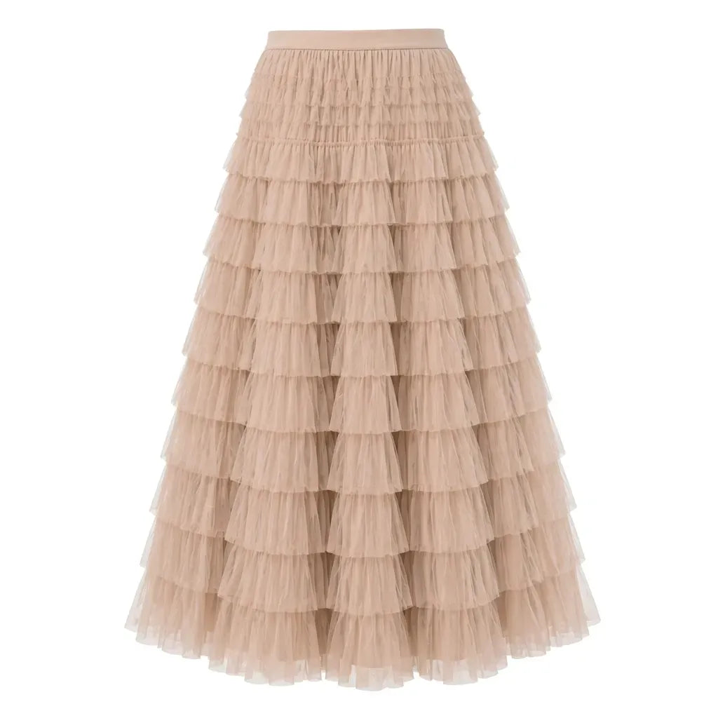 Layered Tulle Skirt with Elastic Waist for Party Khaki 7