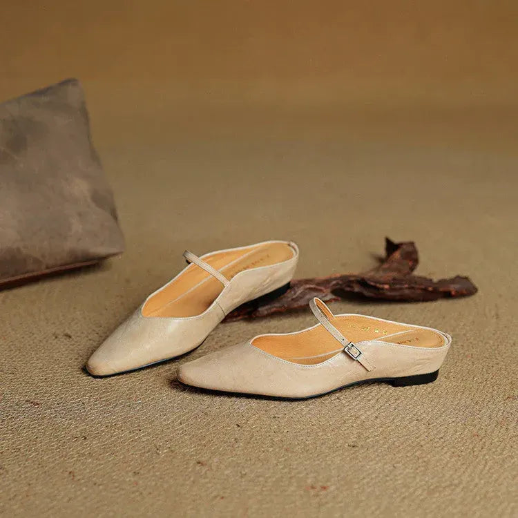 Leather Closed Toe Clogs with Buckle Detail Beige 17