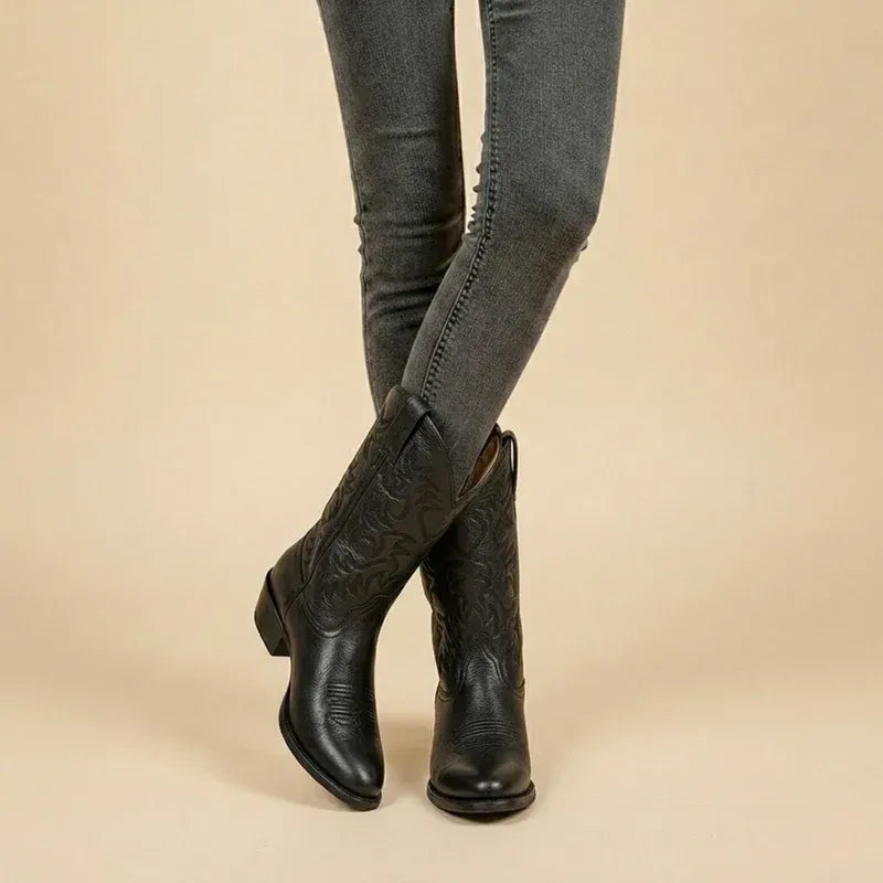 Leather Cowboy Boots with Pointed Toe Black 1