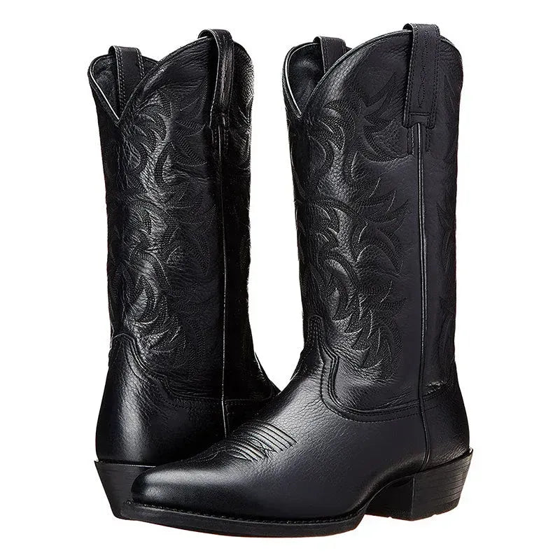 Leather Cowboy Boots with Pointed Toe Black 12