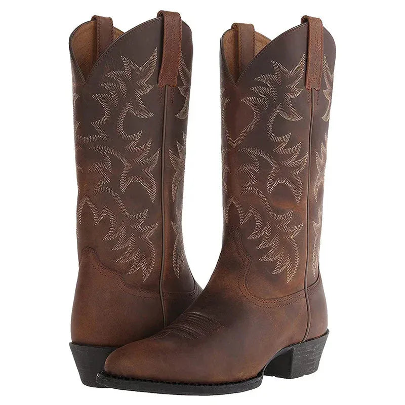 Leather Cowboy Boots with Pointed Toe Brown 3