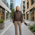 Leather Funnel Neck Jacket Brown 1