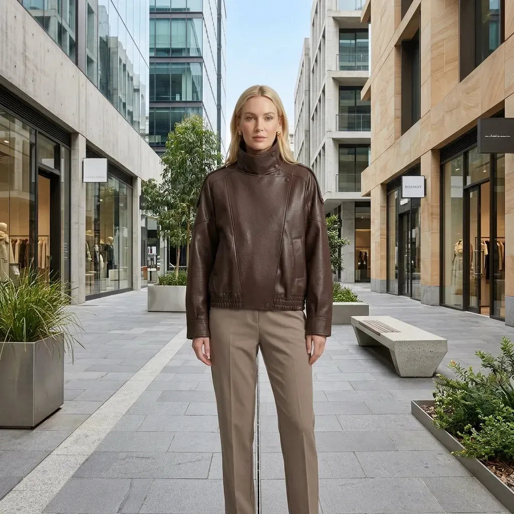 Leather Funnel Neck Jacket Brown 1