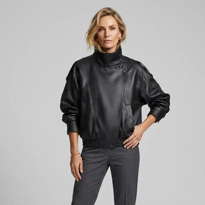 Leather Funnel Neck Jacket Black 3