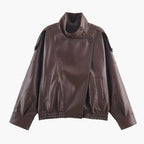 Leather Funnel Neck Jacket Brown 5