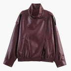 Leather Funnel Neck Jacket Red 6