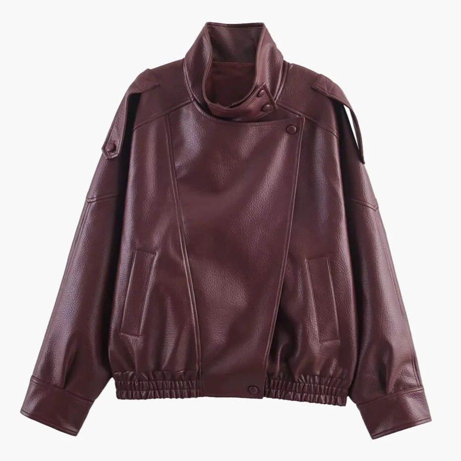 Leather Funnel Neck Jacket Red 6