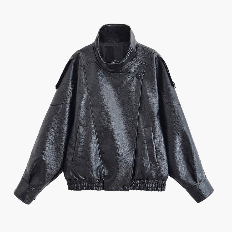 Leather Funnel Neck Jacket Black 7