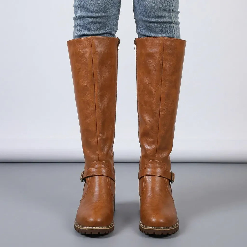 Leather Knee-High Boots with Zipper Detail Light Brown 1