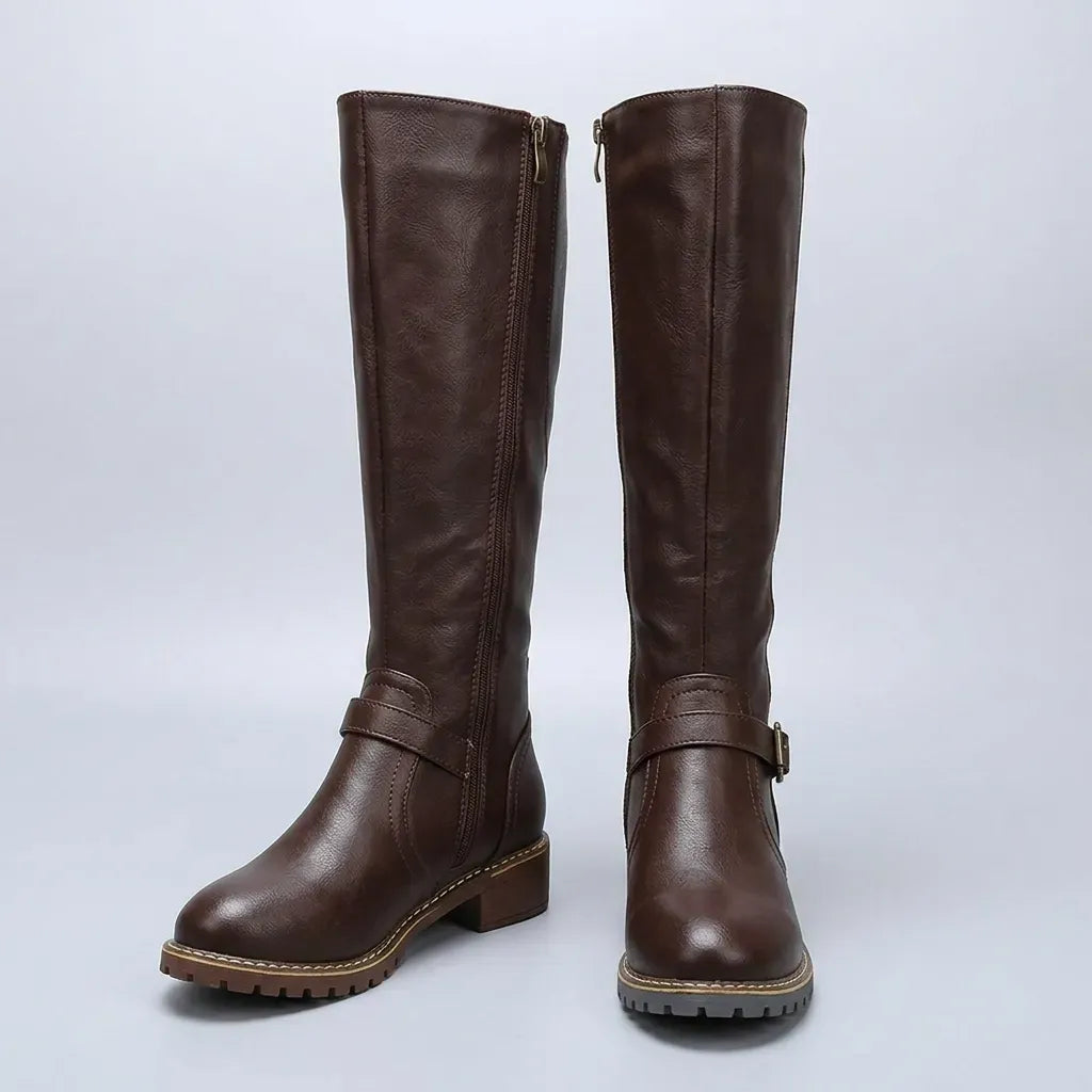 Leather Knee-High Boots with Zipper Detail Brown 2