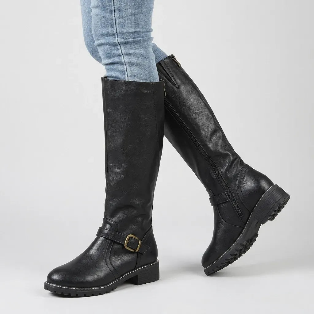 Leather Knee-High Boots with Zipper Detail Black 3