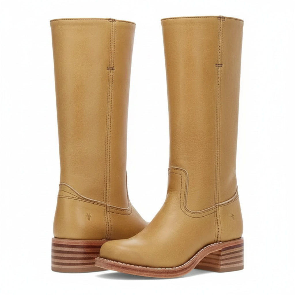 Leather Mid Calf Boots with Round Toe Beige 6