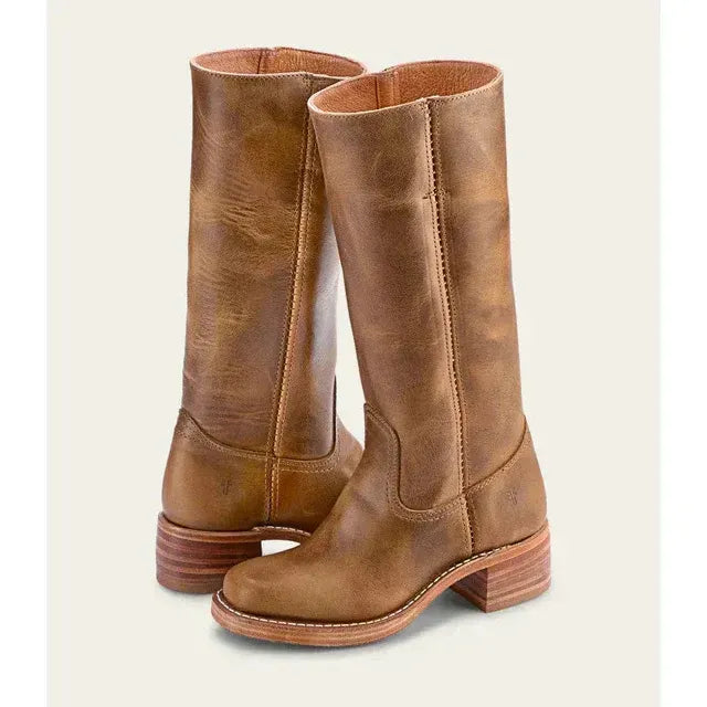 Leather Mid Calf Boots with Round Toe Khaki 7