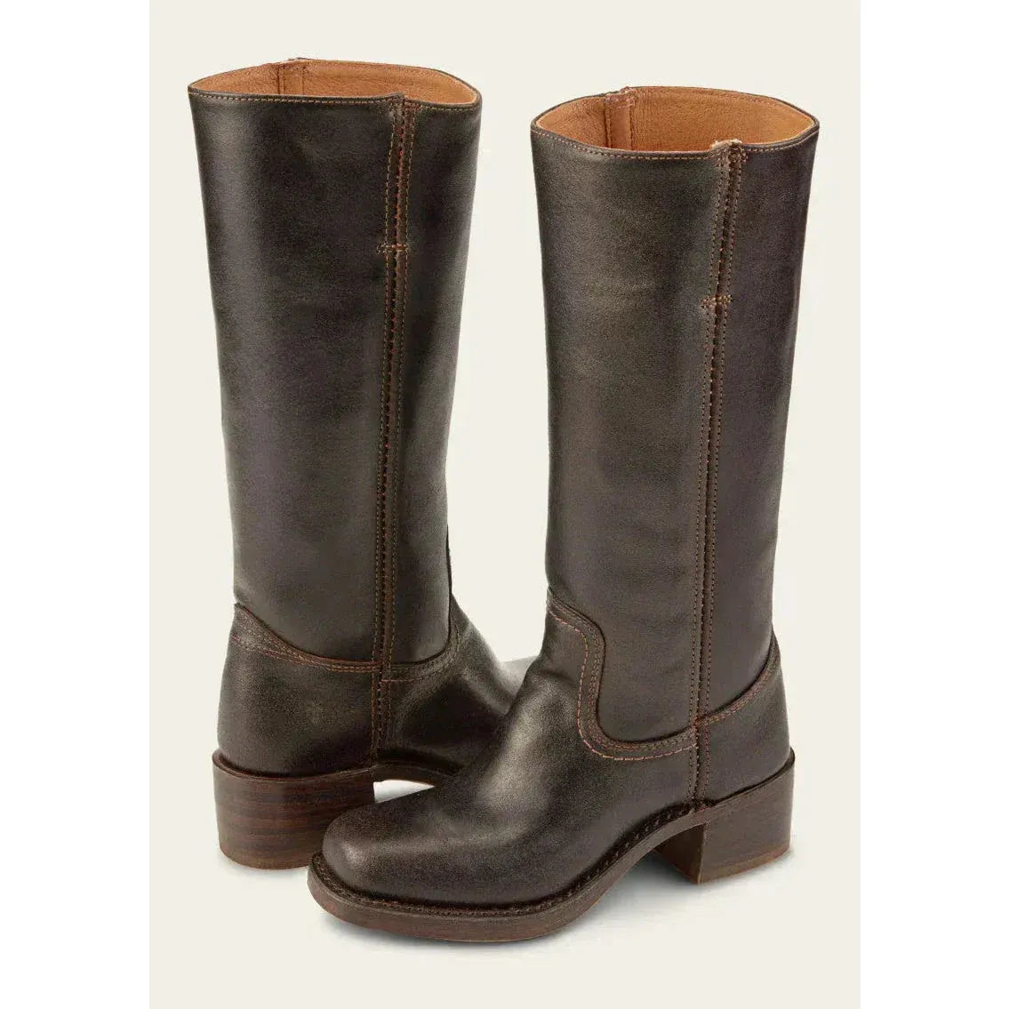 Leather Mid Calf Boots with Round Toe Brown 8