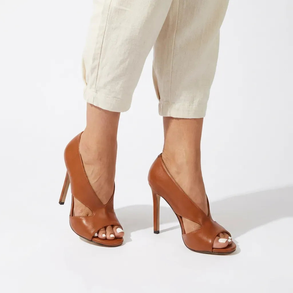 Leather Peep Toe Stilletos Party Brown 1