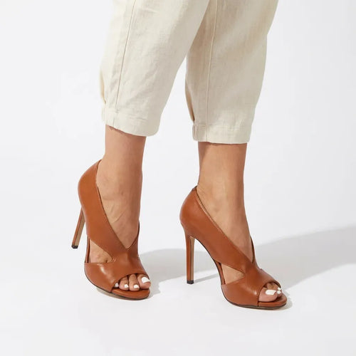 Leather Peep Toe Stilletos Party Brown 1