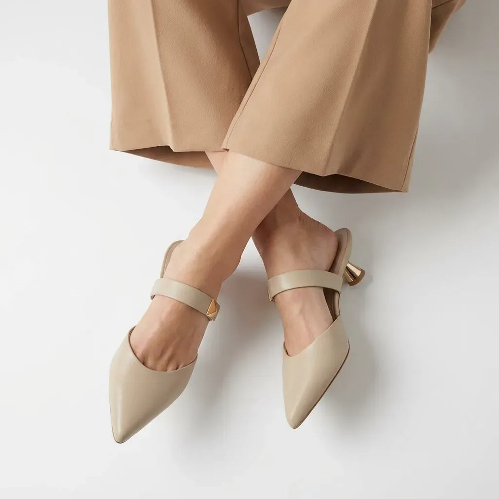 Leather Pointed Toe Kitten Heels Khaki 1