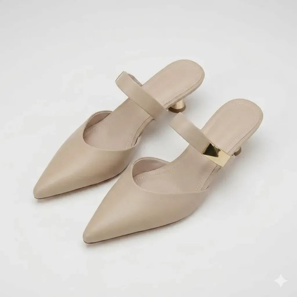 Leather Pointed Toe Kitten Heels Khaki 3