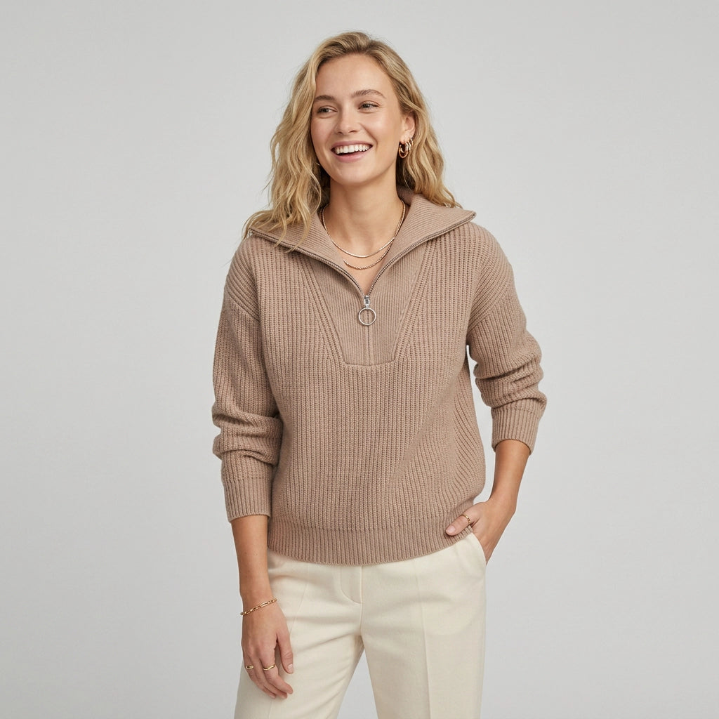 Lightweight Rib Knit Half Zip Sweater Light Brown 4