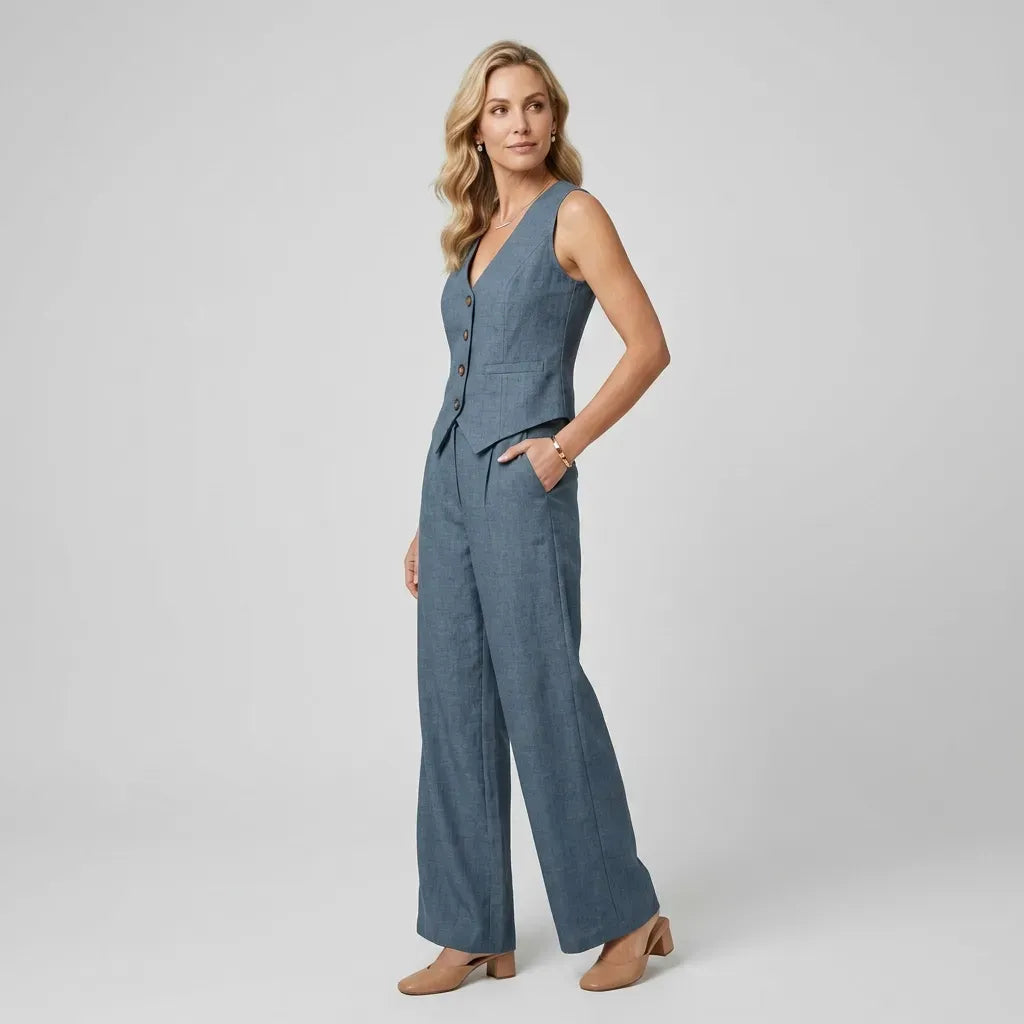 Linen Co ord Set with Wide Leg Blue 3
