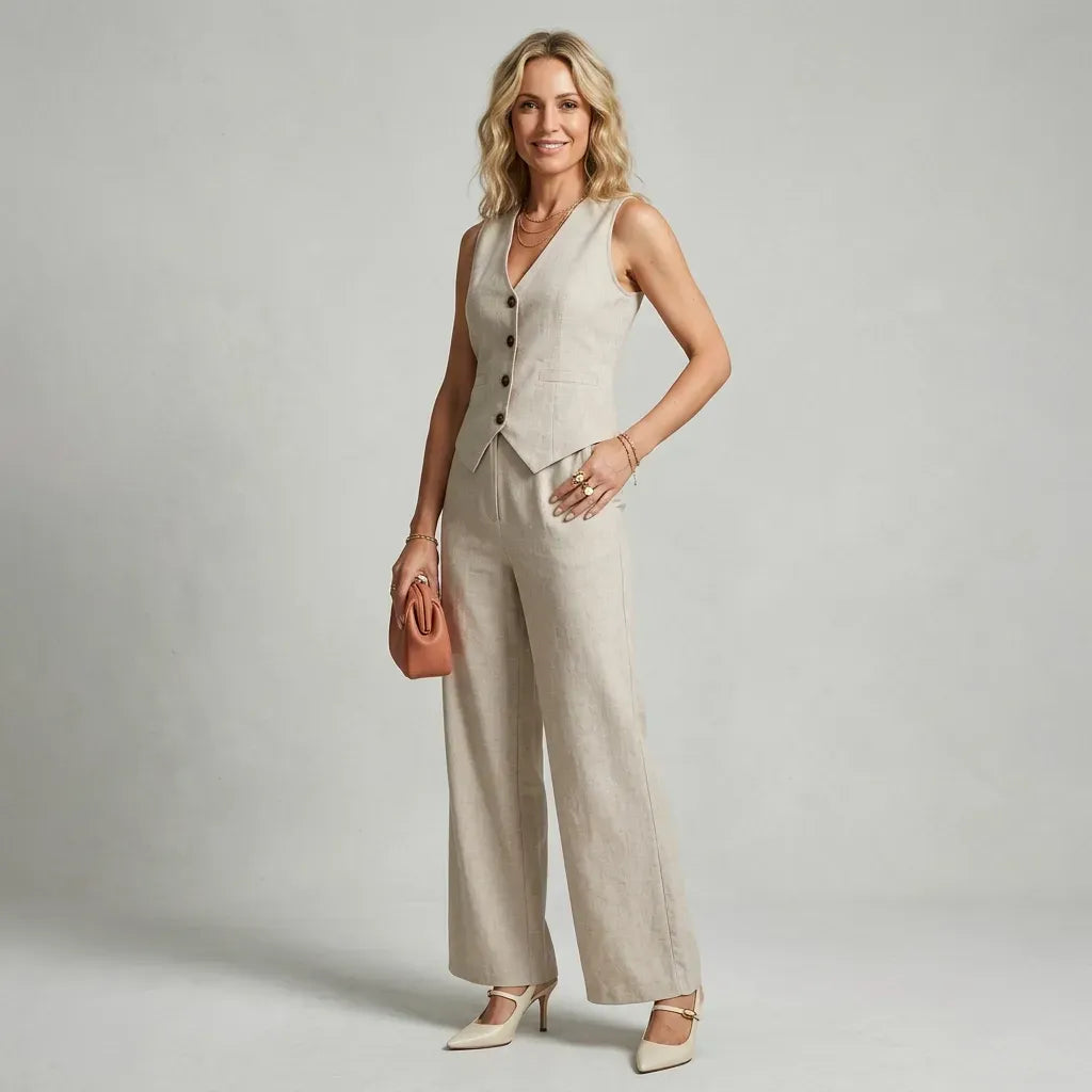 Linen Co ord Set with Wide Leg Beige 4