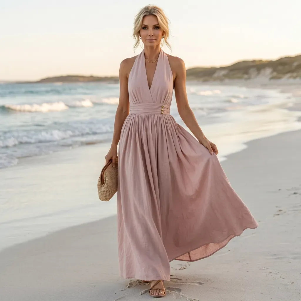 Flowy Maxi Halter Dress for Summer Pink 2