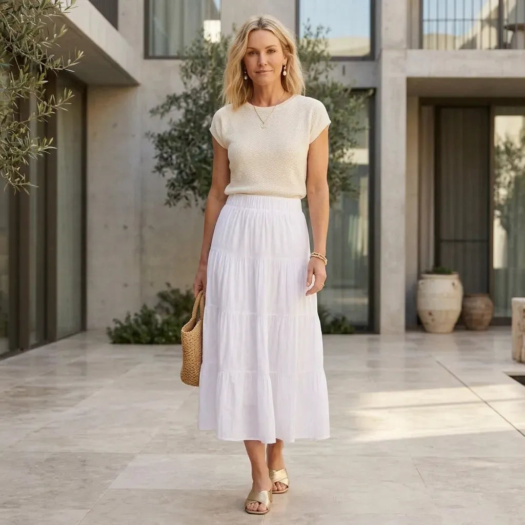 Linen Tiered Maxi Skirt A-Line White 1