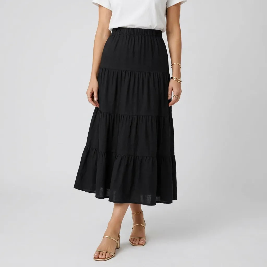 Linen Tiered Maxi Skirt A-Line Black 2