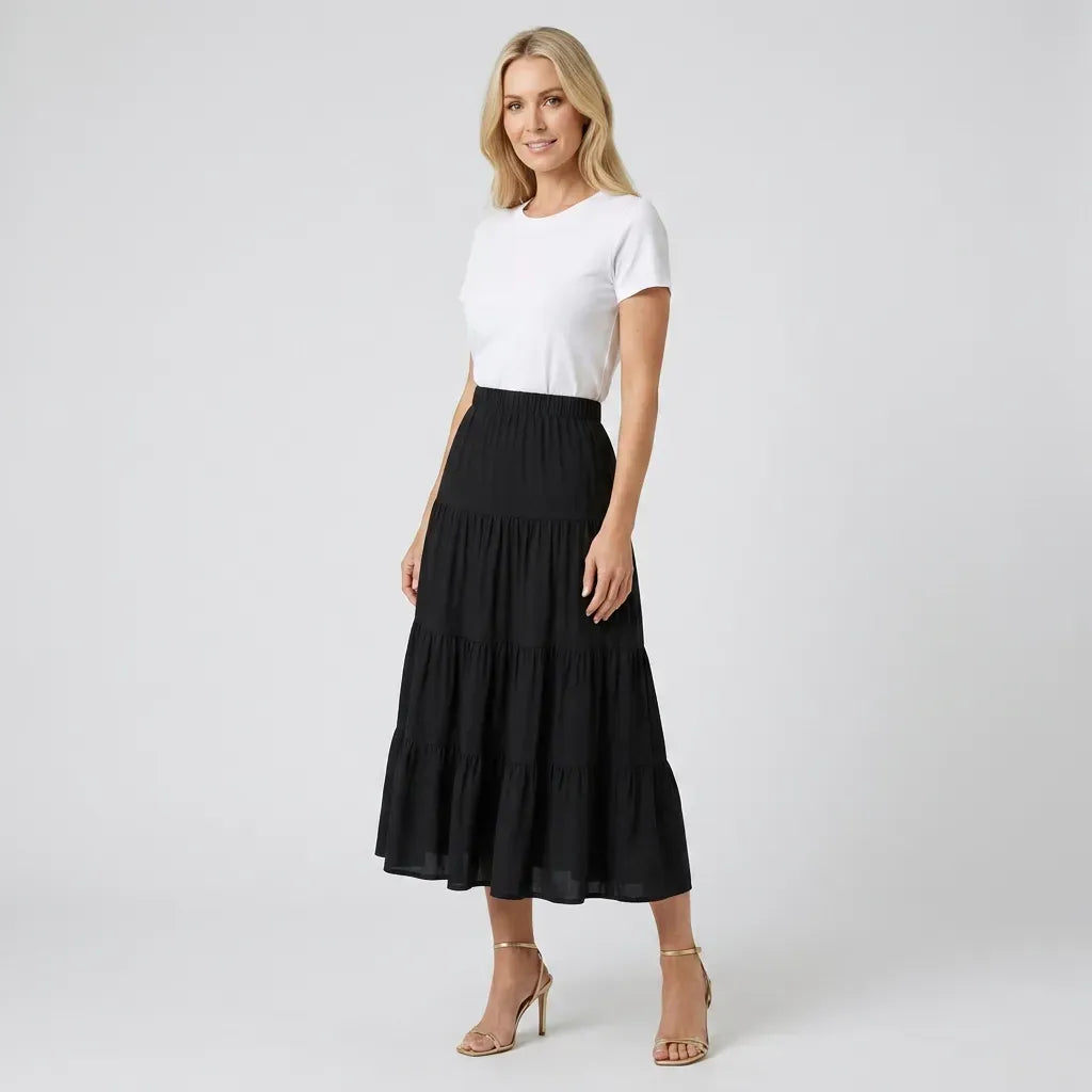 Linen Tiered Maxi Skirt A-Line Black 3