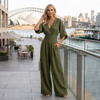 Linen Wide Leg Jumpsuit with Wrap Detail Dark Green 1