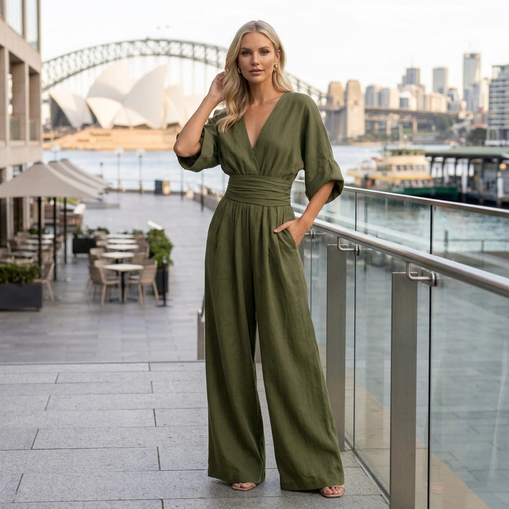 Linen Wide Leg Jumpsuit with Wrap Detail Dark Green 1