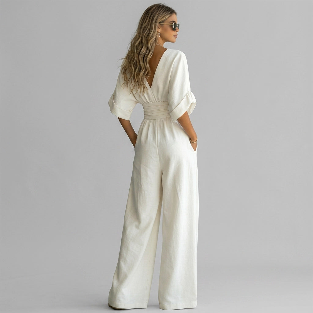 Linen Wide Leg Jumpsuit with Wrap Detail White 10