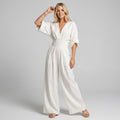 Linen Wide Leg Jumpsuit with Wrap Detail White 11