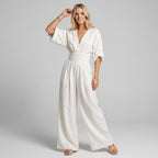 Linen Wide Leg Jumpsuit with Wrap Detail White 11