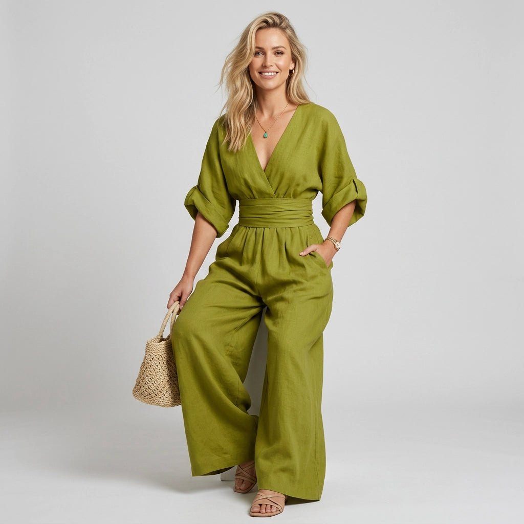 Linen Wide Leg Jumpsuit with Wrap Detail Green 12