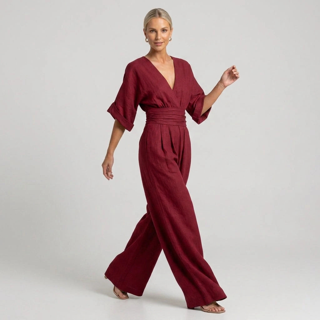 Linen Wide Leg Jumpsuit with Wrap Detail Red 2