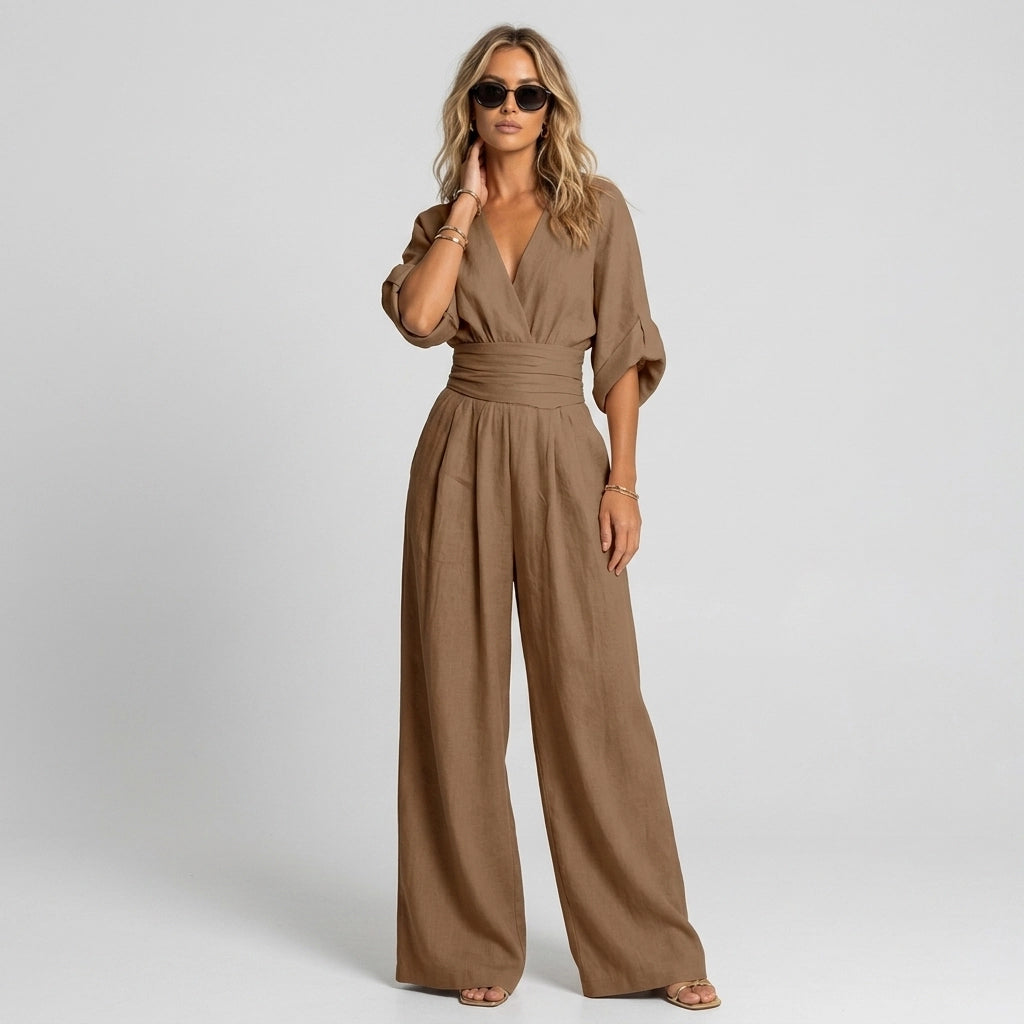Linen Wide Leg Jumpsuit with Wrap Detail Brown 3