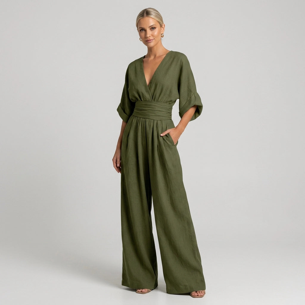 Linen Wide Leg Jumpsuit with Wrap Detail Dark Green 4