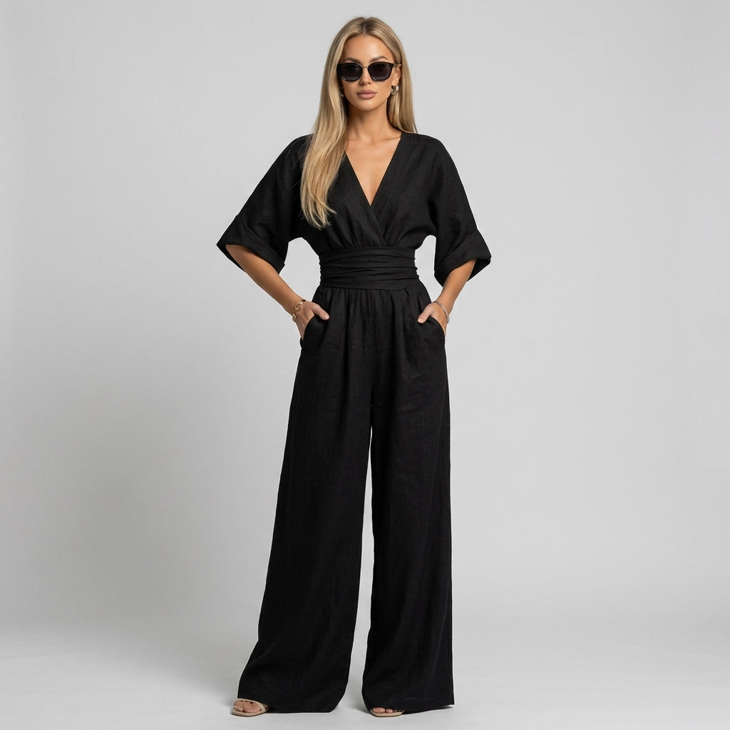 Linen Wide Leg Jumpsuit with Wrap Detail Black 5