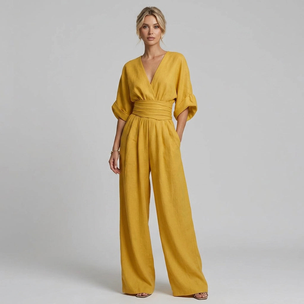 Linen Wide Leg Jumpsuit with Wrap Detail Yellow 6