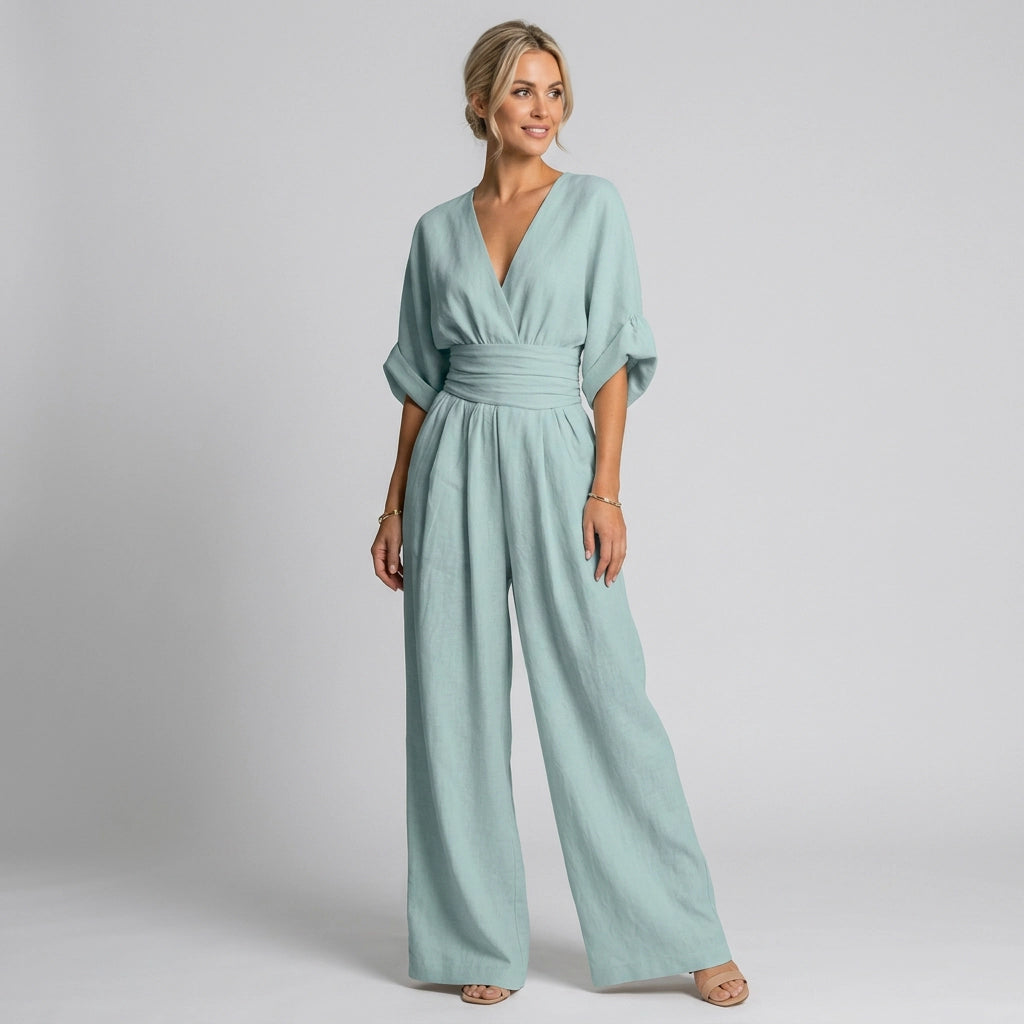 Linen Wide Leg Jumpsuit with Wrap Detail Light Blue 7