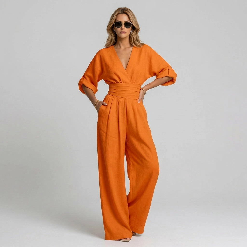 Linen Wide Leg Jumpsuit with Wrap Detail Orange 9