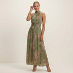 Long Chiffon Halterneck Summer Dress with Floral Print in Green – 1