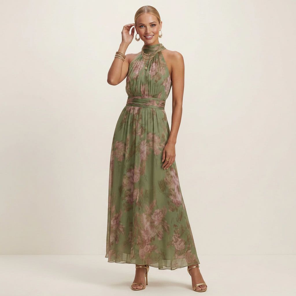 Long Chiffon Halterneck Summer Dress with Floral Print in Green – 1