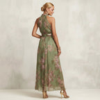 Long Chiffon Halterneck Summer Dress with Floral Print in Green – 3