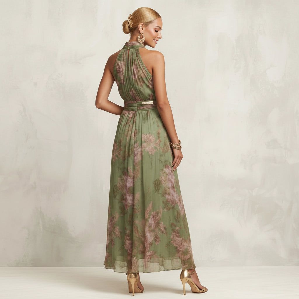 Long Chiffon Halterneck Summer Dress with Floral Print in Green – 3