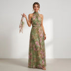 Long Chiffon Halterneck Summer Dress with Floral Print in Green – 4