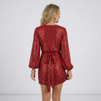 Long Sleeve Sequin Mini Dress Party Red 3