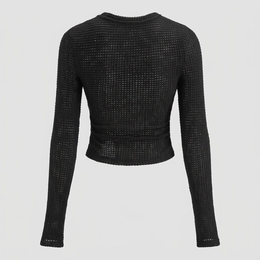 Long Sleeve Top Waffle Knit Thermal Black 4